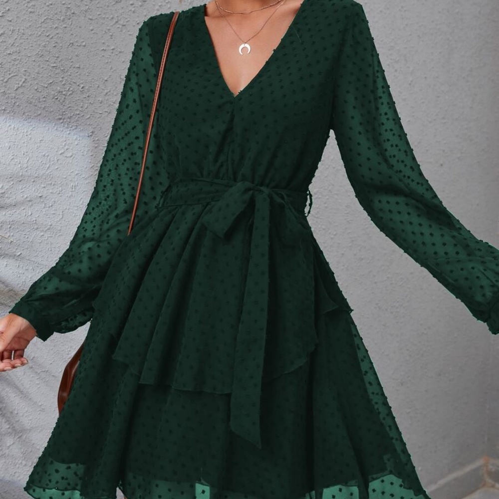 Swiss Dot Bishop Sleeve Layered Hem Belted Dress